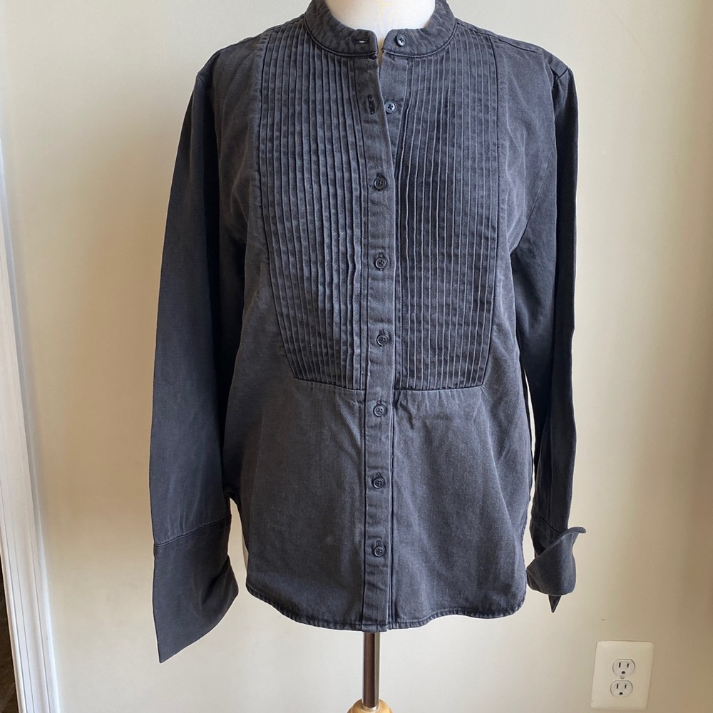 Quince Distressed Denim Tuxedo Shirt Pleated Button Down Large - Picture 2 of 10